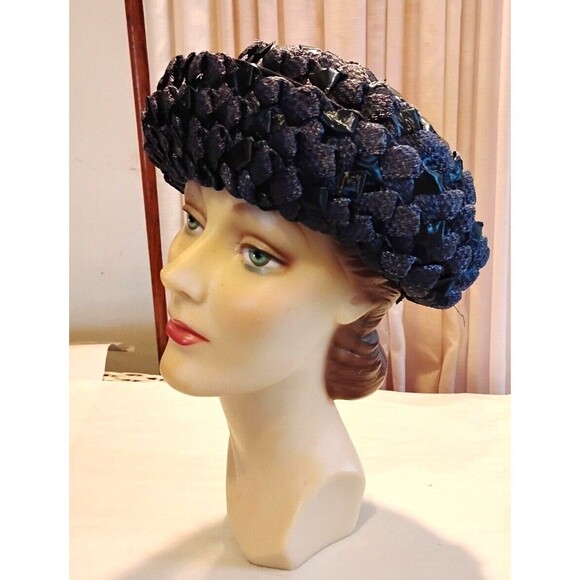 1960s Vintage Navy Blue Breton Hat, Woven Cellophane Straw - Picture 3 of 5